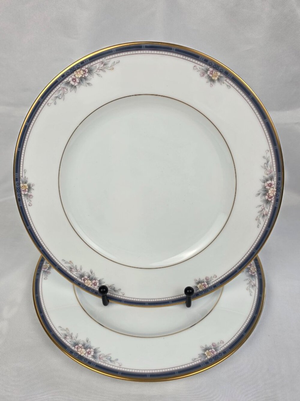 TWO Noritake Ontario Salad Plates 8 3/8 In Blue Gray Bands White & Pink Flowers